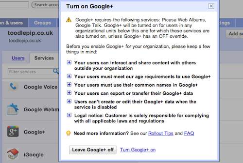 Enabling Google+ for Google Apps Administrators: Turn on Google+ Screenshot