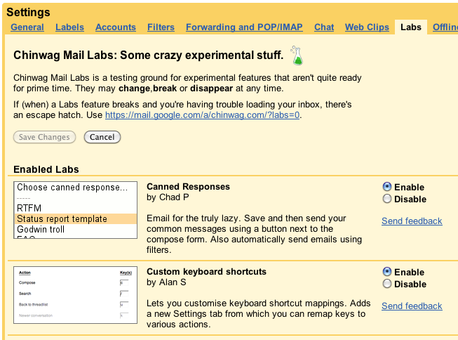 Gmail Settings: 'Labs'
