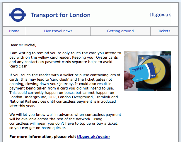 Card Clash Email from Transport for London